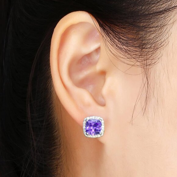 Women's Square Birthstone Cubic Zirconia Mall Dainty Purple Elegant Earring - Picture 3 of 6